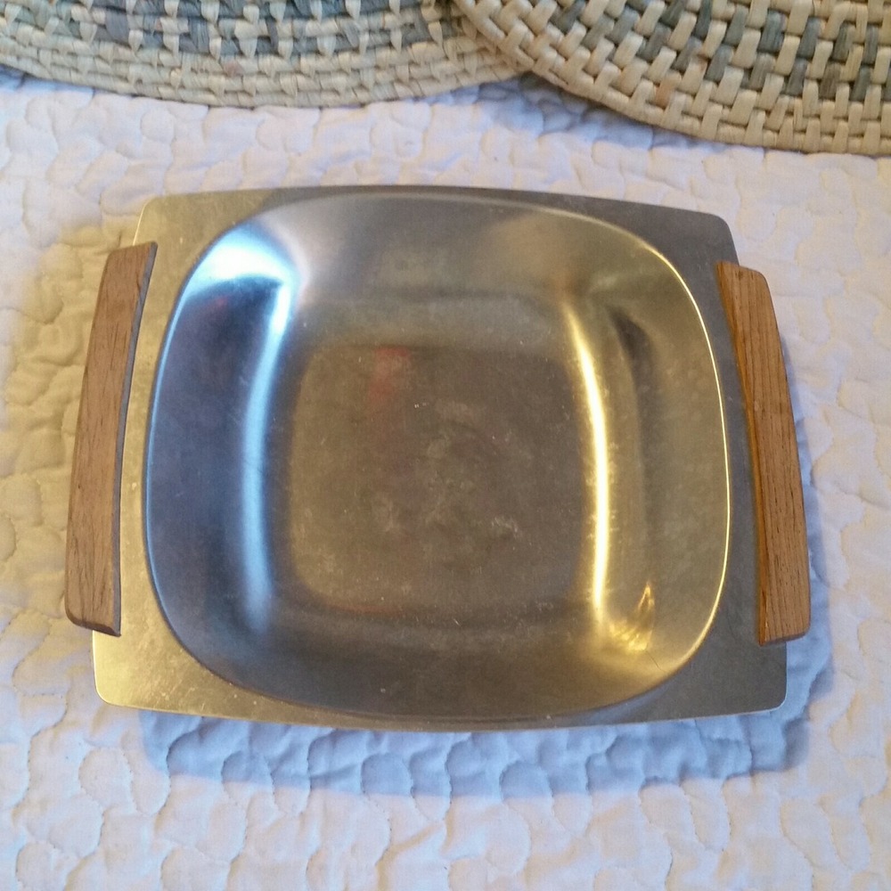 Vintage Selandia Denmark Stainless Steel and Wood Handles Square Bowl Dish Trink